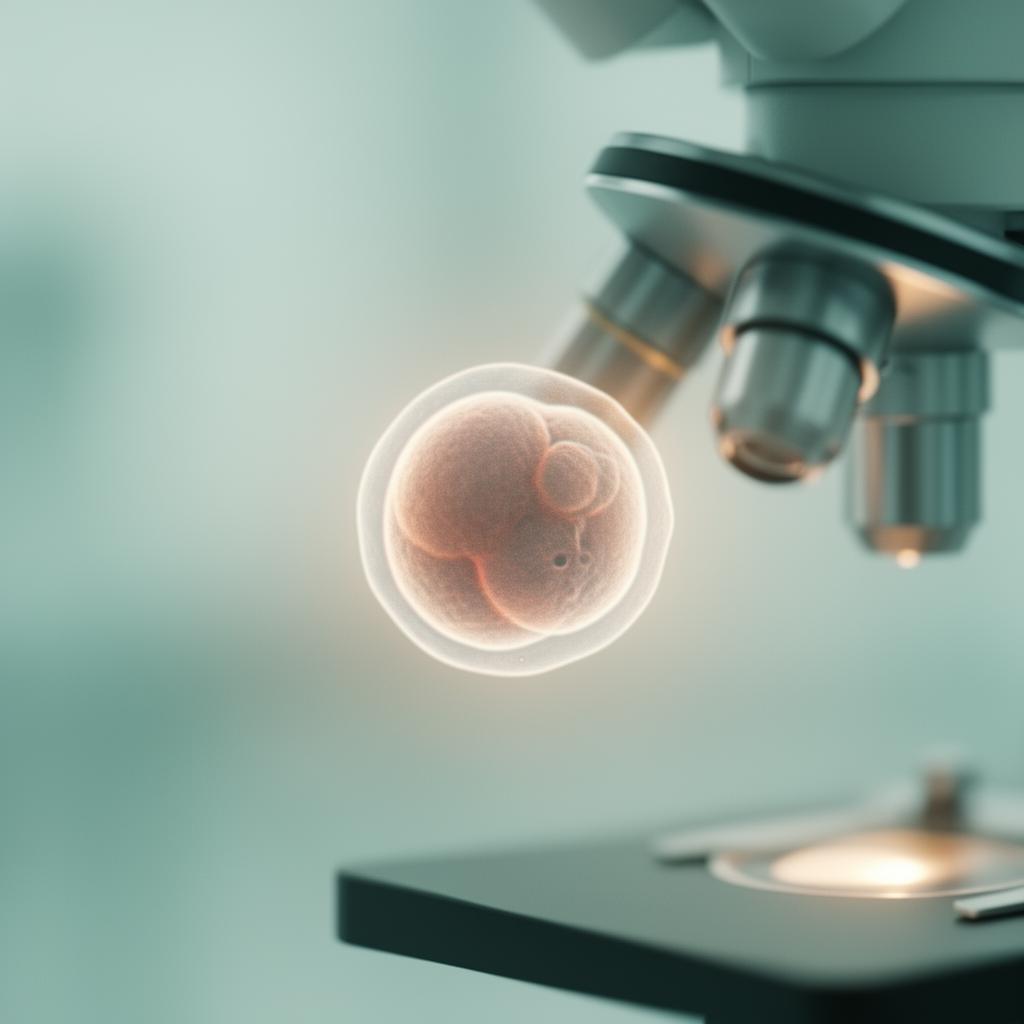 Embrião em microscópio de laboratório de fertilização in vitro